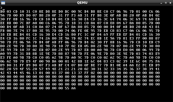Auto-generated description: A QEMU emulator window displays a sequence of hexadecimal values, arranged in a grid format.